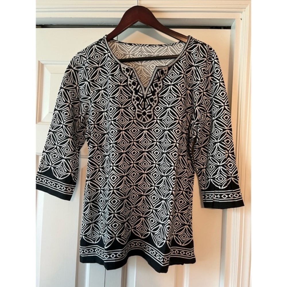 Charter Club Black White Beaded V-neck Tunic Top Business Casual EUC L #748